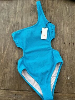 Shade & Shore Turquoise One-Shoulder Crinkle Cutout Swimsuit- XS- NWT